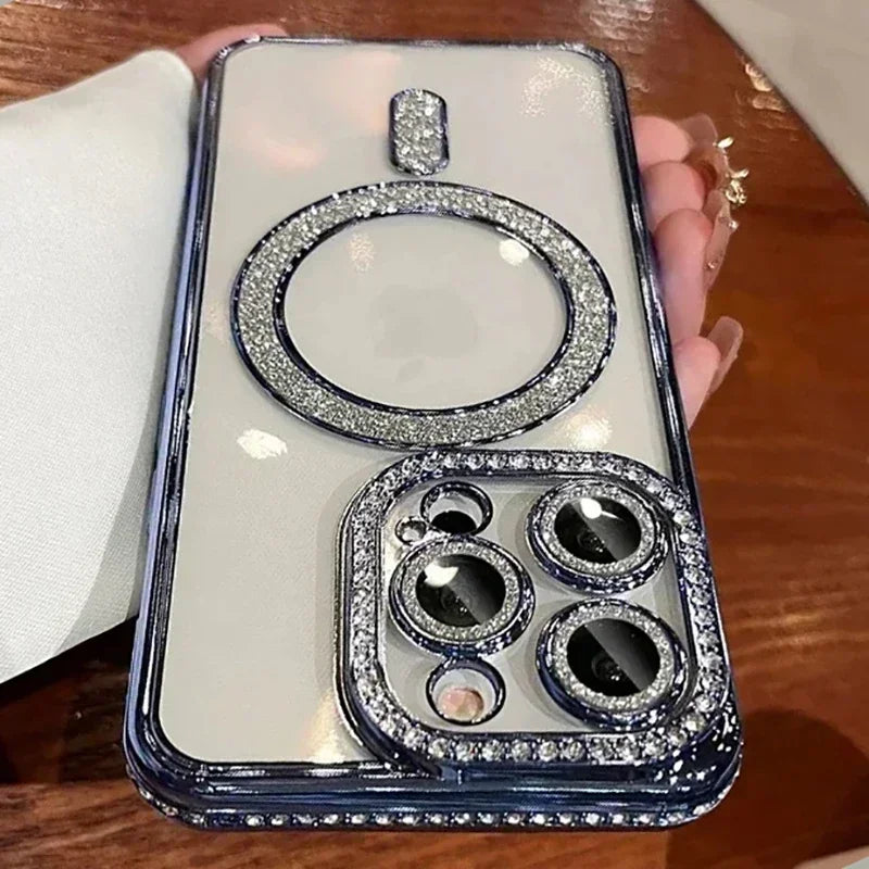 Fashion Girl Pink Crystal Glitter Transparent Magnetic Case For iPhone 16 15 11 12 13 14 Pro Max Wireless Charging Diamond Cover