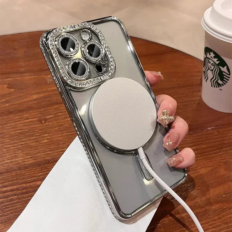 Fashion Girl Pink Crystal Glitter Transparent Magnetic Case For iPhone 16 15 11 12 13 14 Pro Max Wireless Charging Diamond Cover